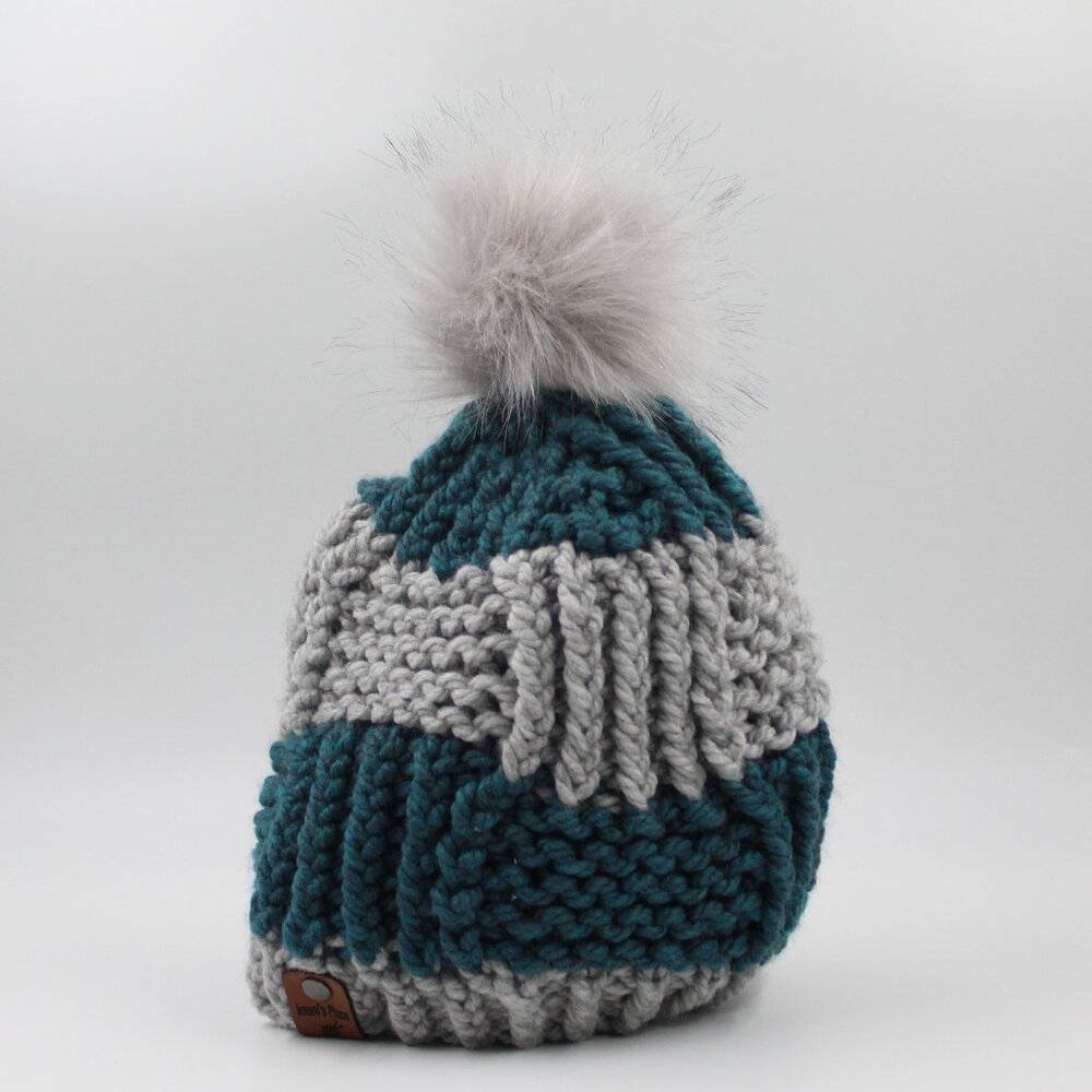 Handmade Hand Knit Blue Box Stitch Knit Hat for Kids Removable Pompom 6/10 y